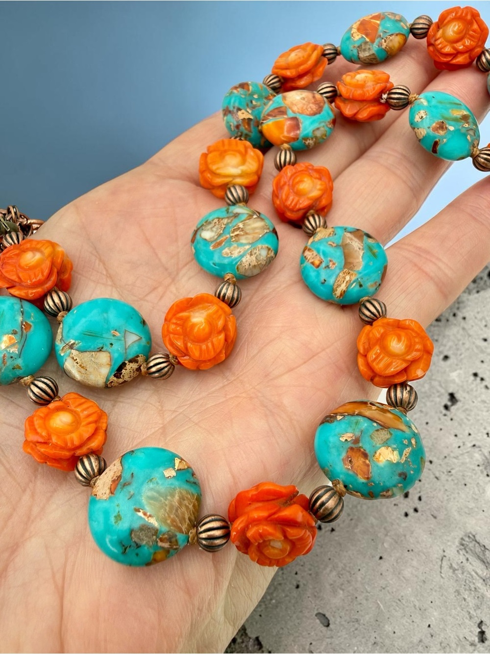 Artisan Hand Knotted Emperor Jasper Carved Coral floral bead Copper Necklace 18” - Picture 12 of 17